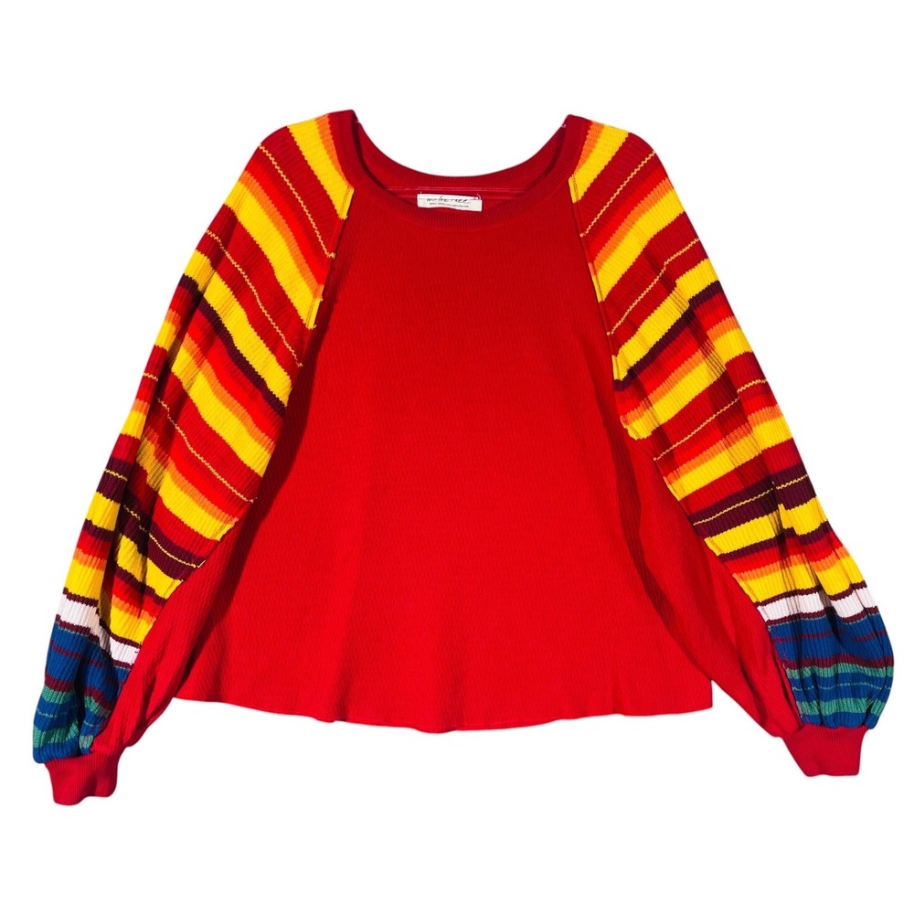 Free People Sweater Women Small Red Rainbow Stripe Balloon Sleeve Cotton Boho